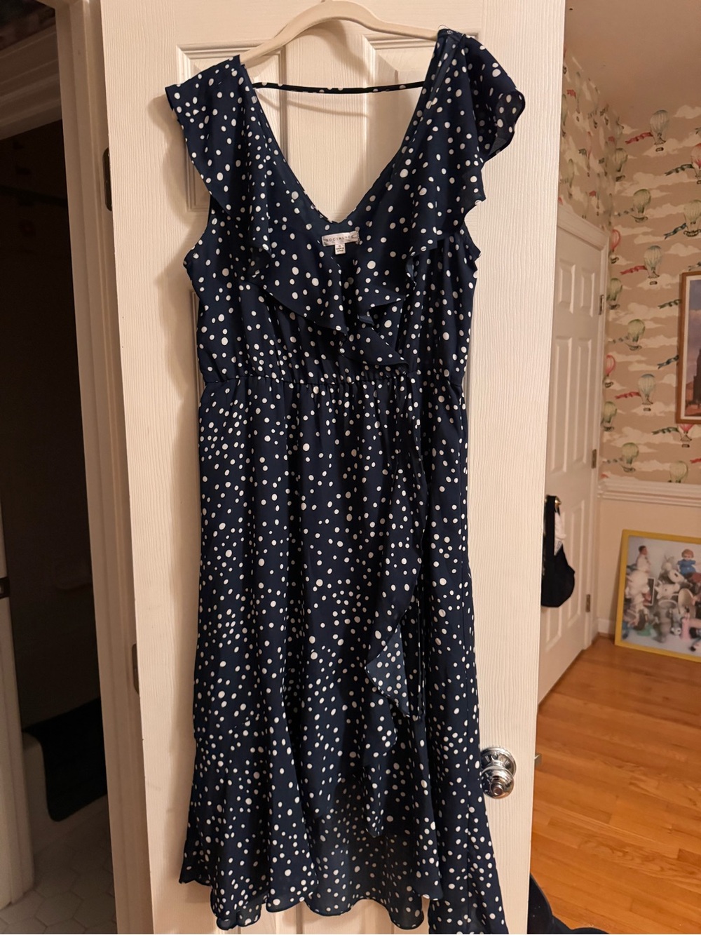 Socialite Navy Blue Polka Dot High-Low Ruffle Dress
